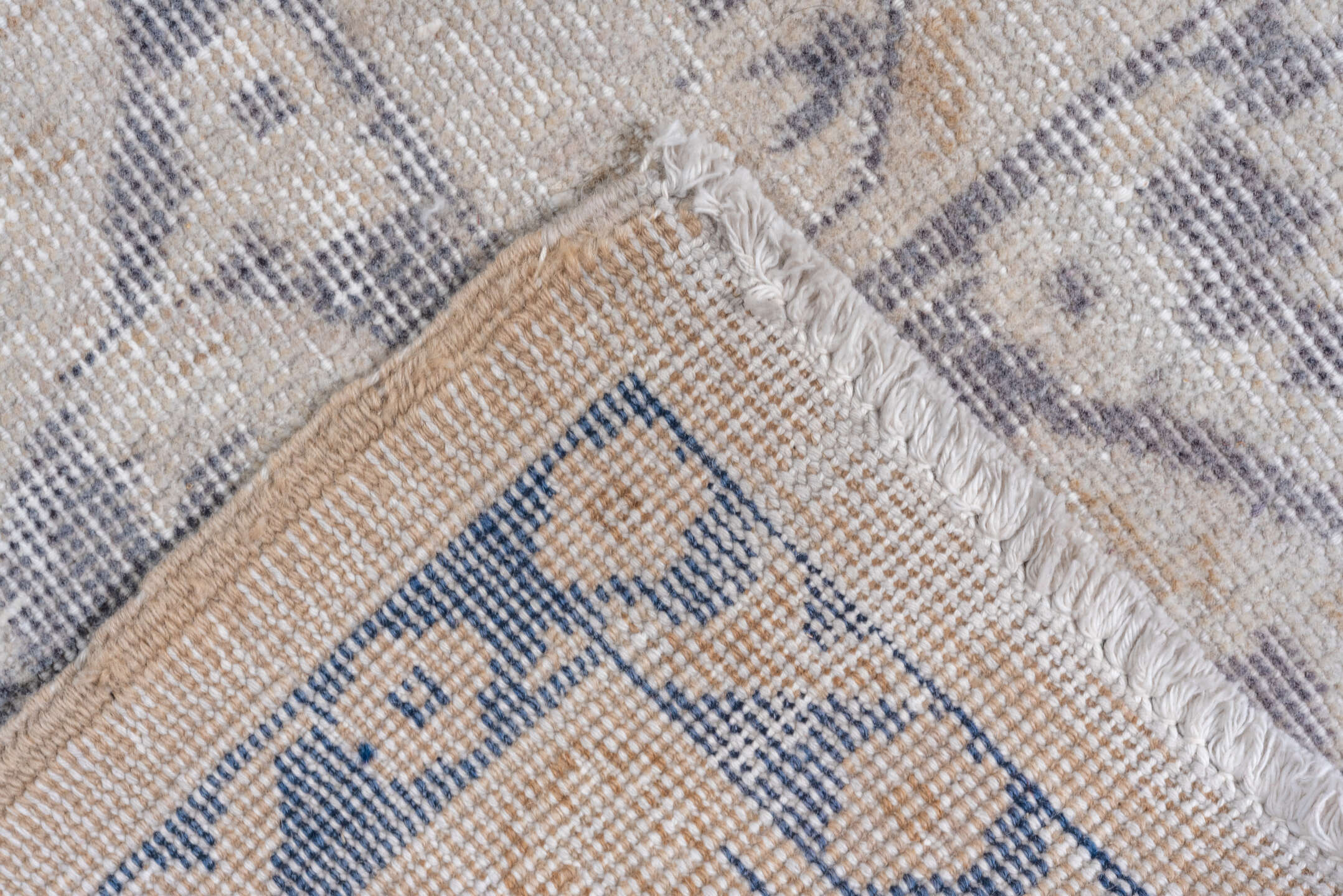 9' x 13' one-of-a-kind handmade vintage Oushak large size rug. Color palette: ivory, powder blue, taupe, beige, slate