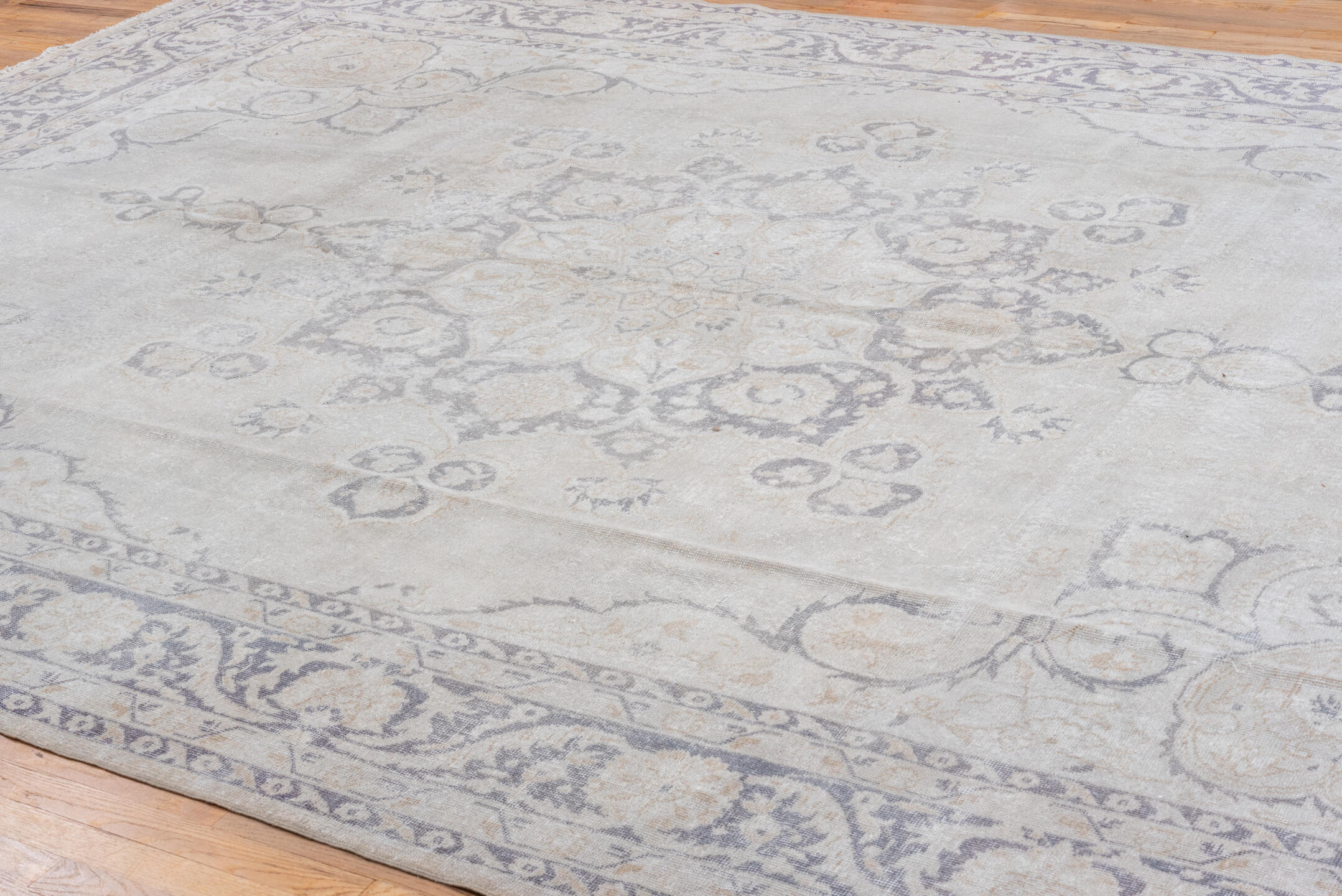 9' x 13' one-of-a-kind handmade vintage Oushak large size rug. Color palette: ivory, powder blue, taupe, beige, slate