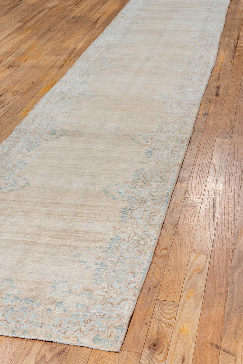 2' x 14' one-of-a-kind handmade vintage Kerman runner rug. Color palette: beige, ivory, pale blue, taupe, cream, light blue