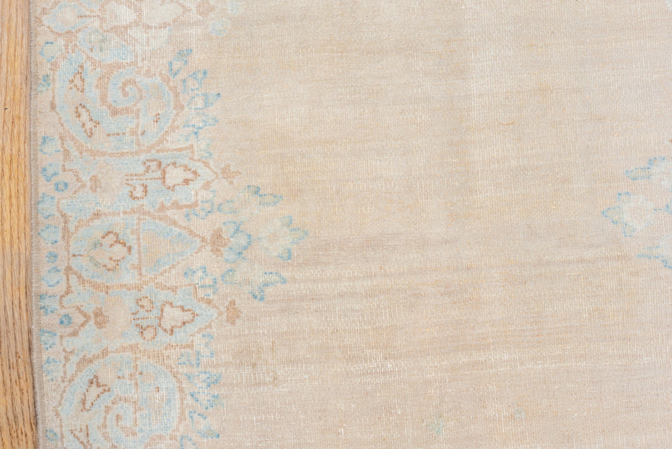 2' x 14' one-of-a-kind handmade vintage Kerman runner rug. Color palette: beige, ivory, pale blue, taupe, cream, light blue
