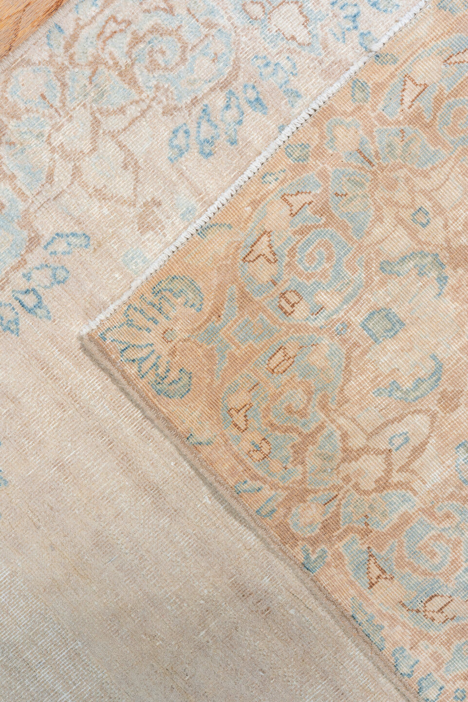 2' x 14' one-of-a-kind handmade vintage Kerman runner rug. Color palette: beige, ivory, pale blue, taupe, cream, light blue