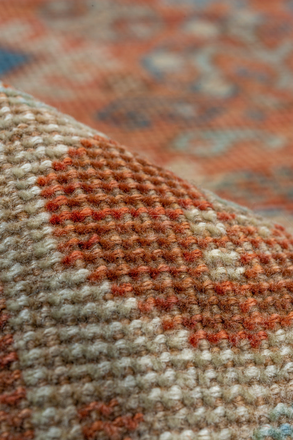 7' x 10' one-of-a-kind handmade vintage Shiraz large size rug. Color palette: terra cotta, ivory, slate, rust, blue, camel