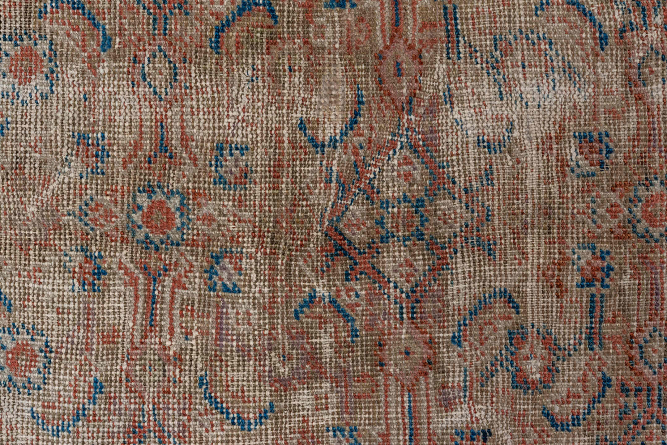 4' x 9' one-of-a-kind handmade vintage Mahal runner rug. Color palette: rose, ivory, taupe, dusty blue, terra cotta, beige