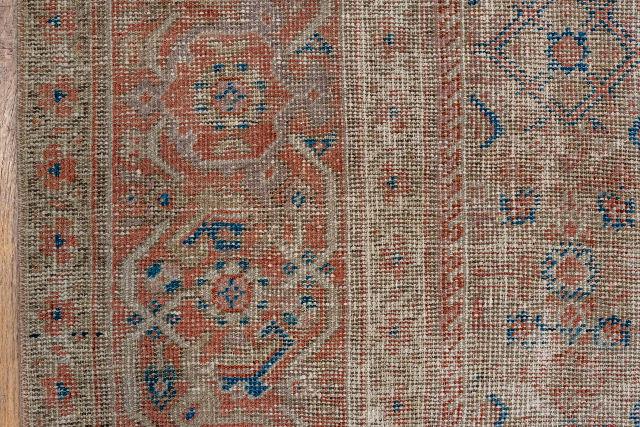 4' x 9' one-of-a-kind handmade vintage Mahal runner rug. Color palette: rose, ivory, taupe, dusty blue, terra cotta, beige