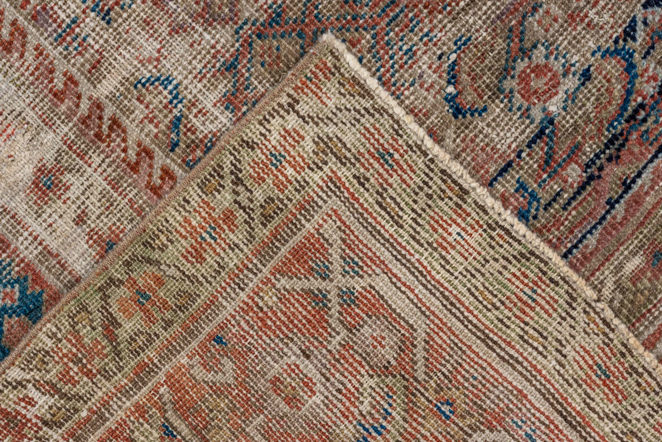4' x 9' one-of-a-kind handmade vintage Mahal runner rug. Color palette: rose, ivory, taupe, dusty blue, terra cotta, beige