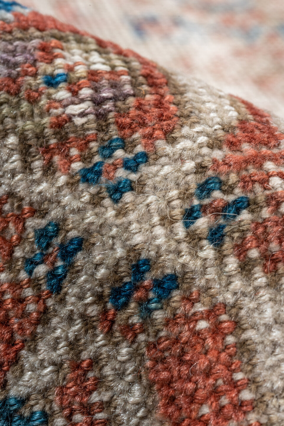 4' x 9' one-of-a-kind handmade vintage Mahal runner rug. Color palette: rose, ivory, taupe, dusty blue, terra cotta, beige
