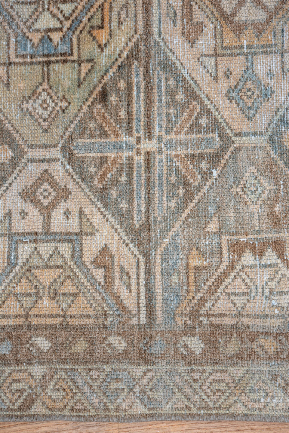 3' x 6' one-of-a-kind handmade vintage Baktiary small size rug. Color palette: taupe, ivory, sky blue, camel, brown, sand