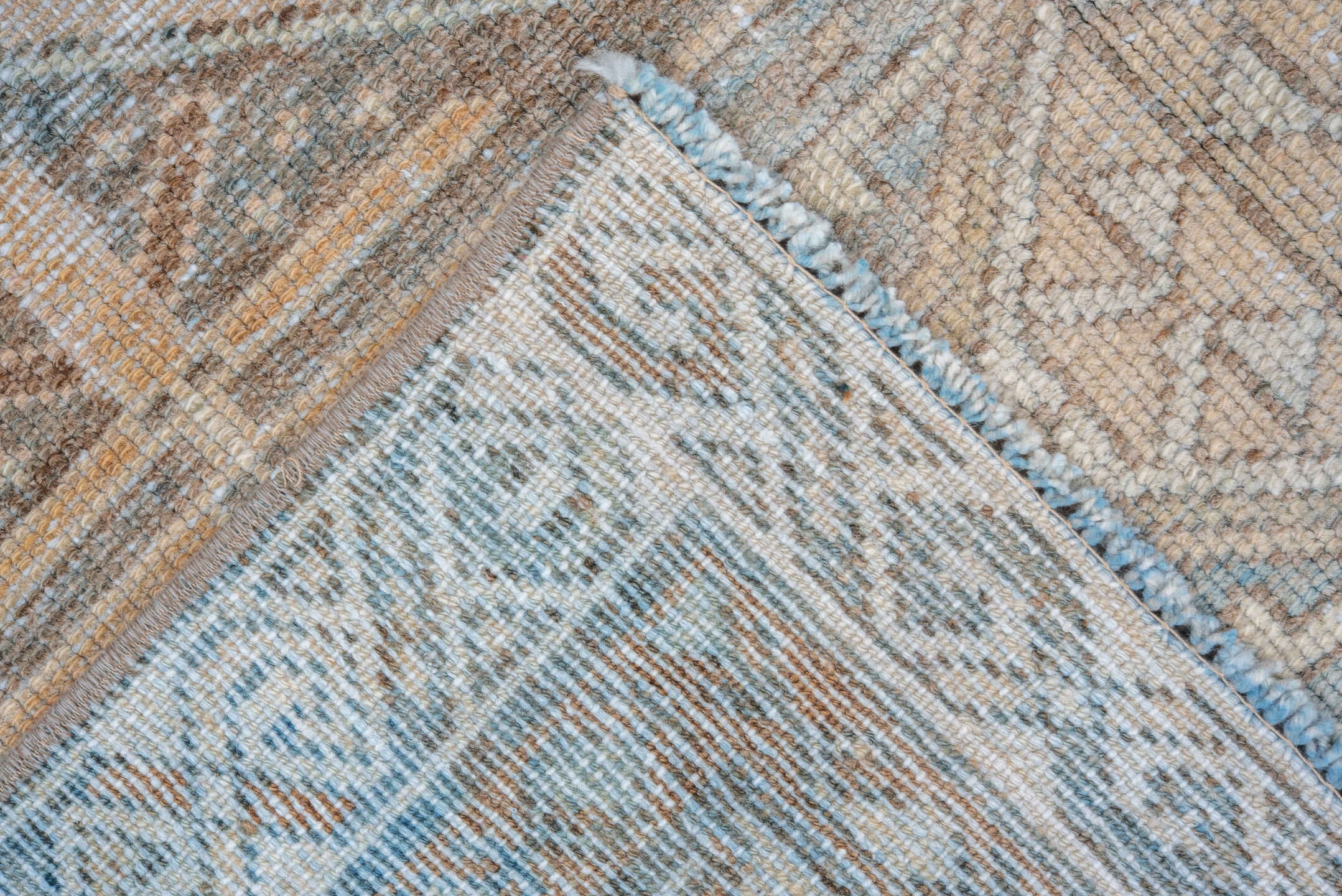 3' x 6' one-of-a-kind handmade vintage Baktiary small size rug. Color palette: taupe, ivory, sky blue, camel, brown, sand