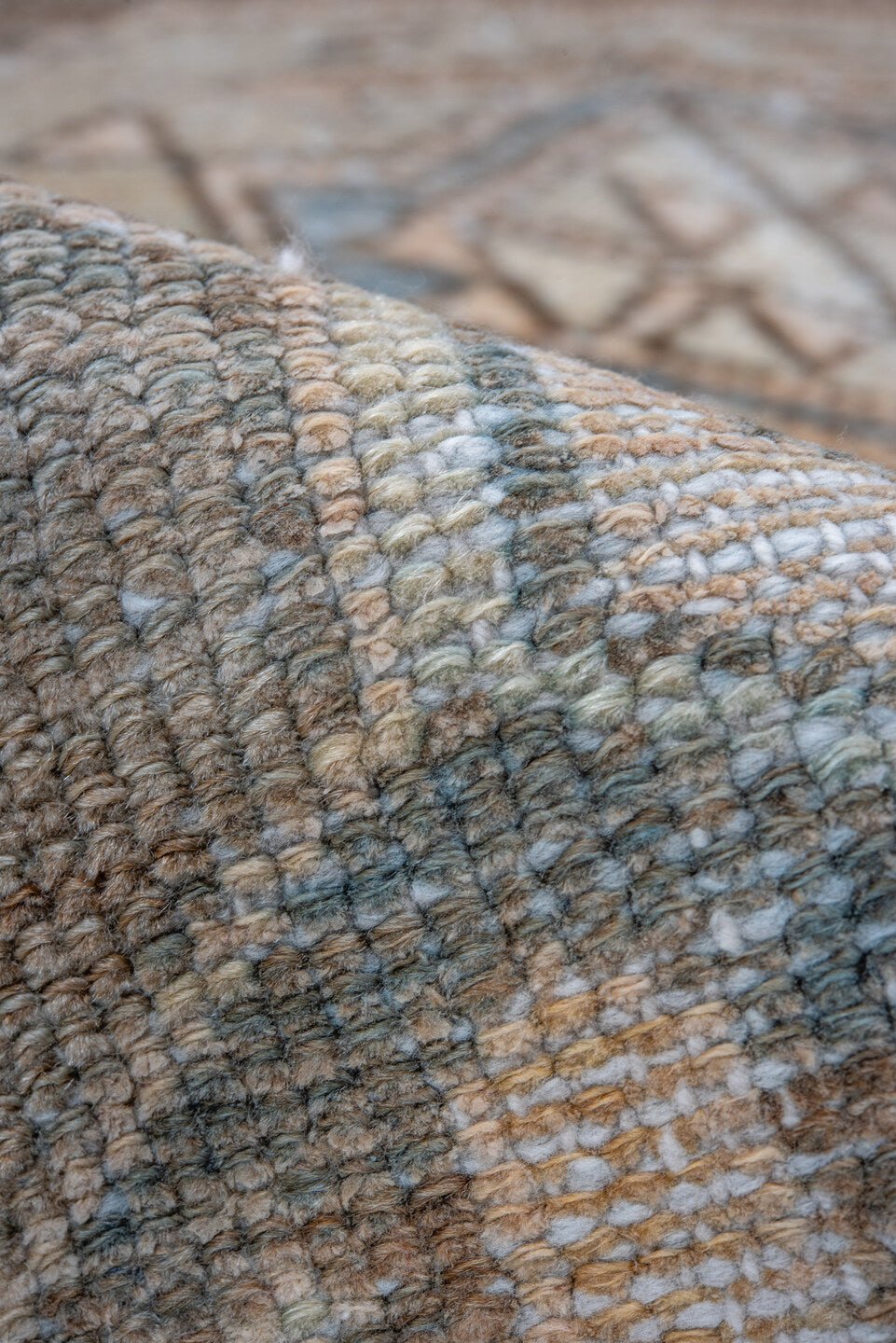 3' x 6' one-of-a-kind handmade vintage Baktiary small size rug. Color palette: taupe, ivory, sky blue, camel, brown, sand