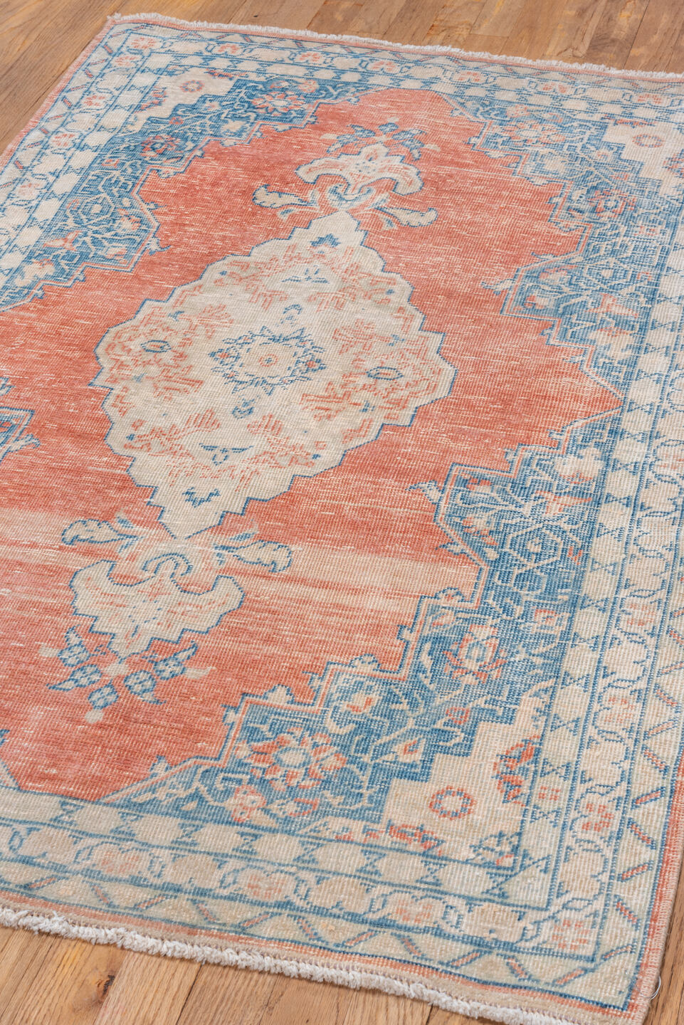 3' x 4' one-of-a-kind handmade vintage Mahal small size rug. Color palette: coral, ivory, sky blue, peach, cream, terracotta