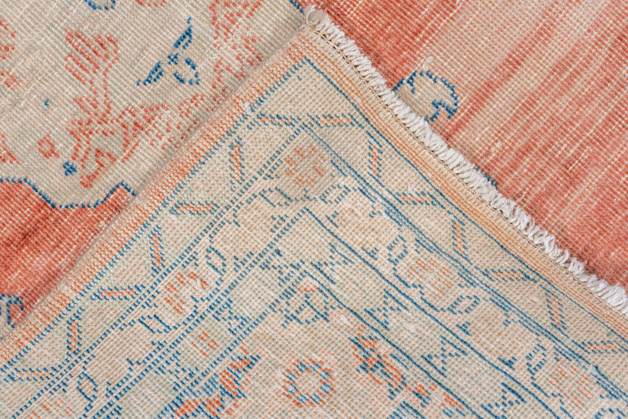 3' x 4' one-of-a-kind handmade vintage Mahal small size rug. Color palette: coral, ivory, sky blue, peach, cream, terracotta
