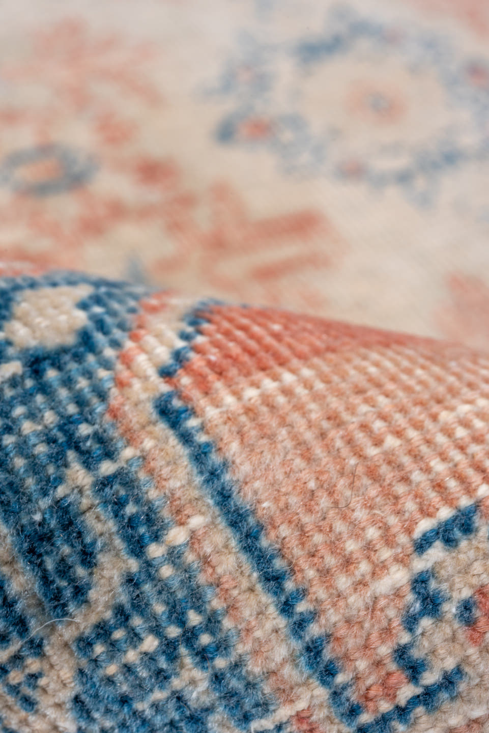 3' x 4' one-of-a-kind handmade vintage Mahal small size rug. Color palette: coral, ivory, sky blue, peach, cream, terracotta