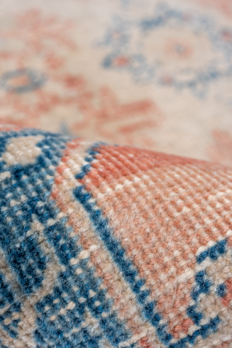 3' x 4' one-of-a-kind handmade vintage Mahal small size rug. Color palette: coral, ivory, sky blue, peach, cream, terracotta