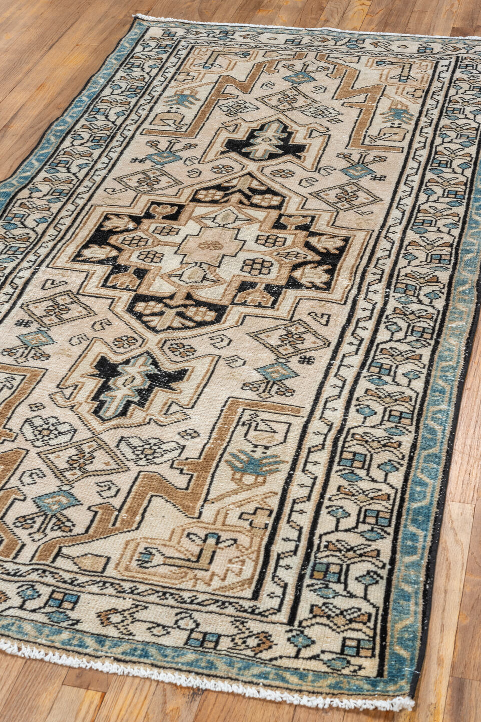 3' x 6' one-of-a-kind handmade vintage Malayer runner rug. Color palette: ivory, camel, sky_blue, black, taupe, light_blue
