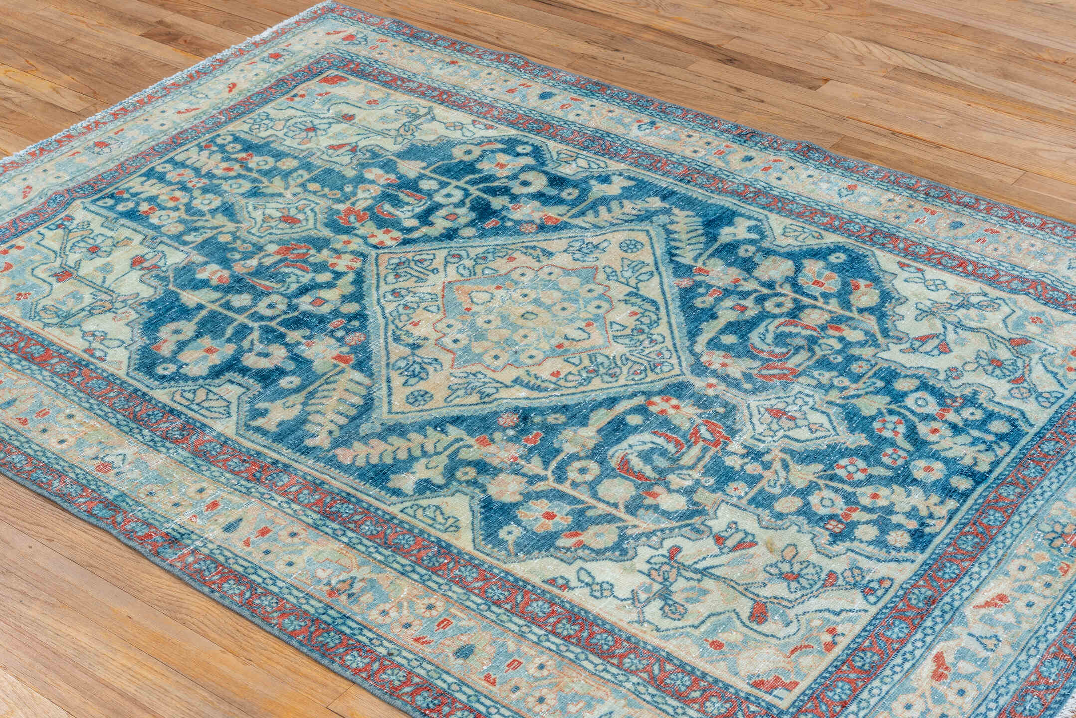 4' x 6' one-of-a-kind handmade vintage Malayer small size rug. Color palette: arapawa, blue, brown, gray, light blue