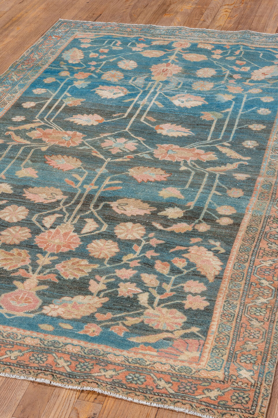 4' x 6' one-of-a-kind handmade vintage Sarouk small size rug. Color palette: blue, peach, ivory, sage, taupe, charcoal