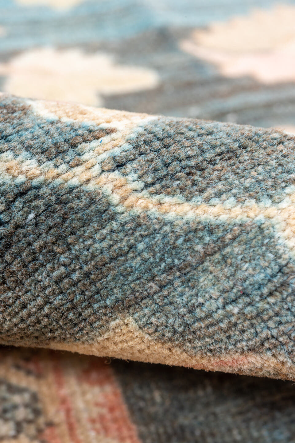 4' x 6' one-of-a-kind handmade vintage Sarouk small size rug. Color palette: blue, peach, ivory, sage, taupe, charcoal