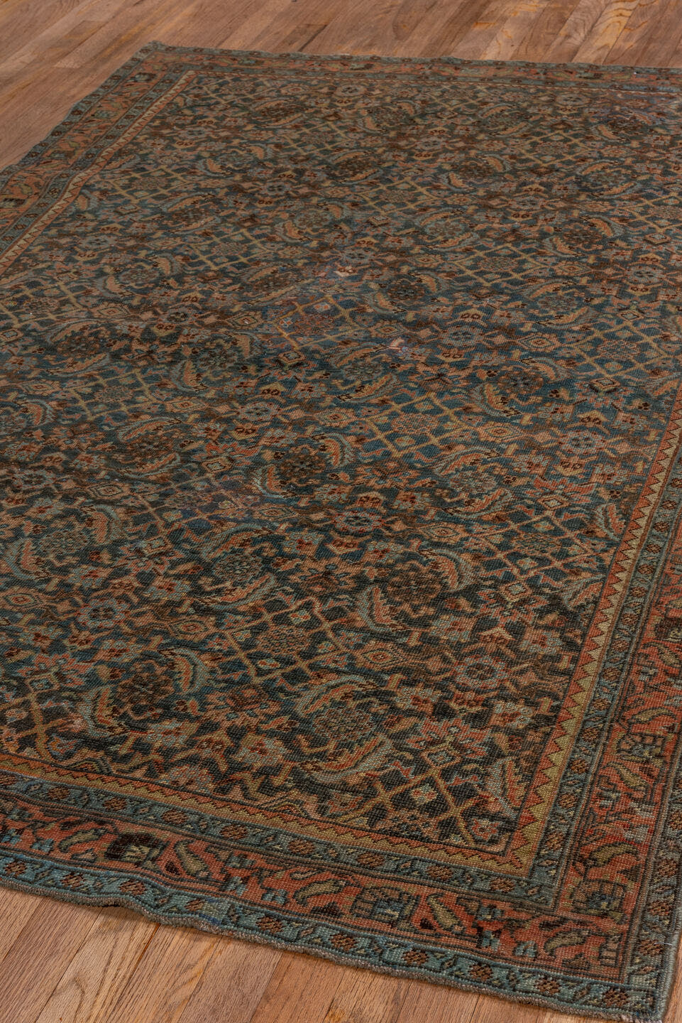 4' x 6' one-of-a-kind handmade vintage Bidjar small size rug. Color palette: blue, rust, ivory, charcoal, taupe, sage, camel