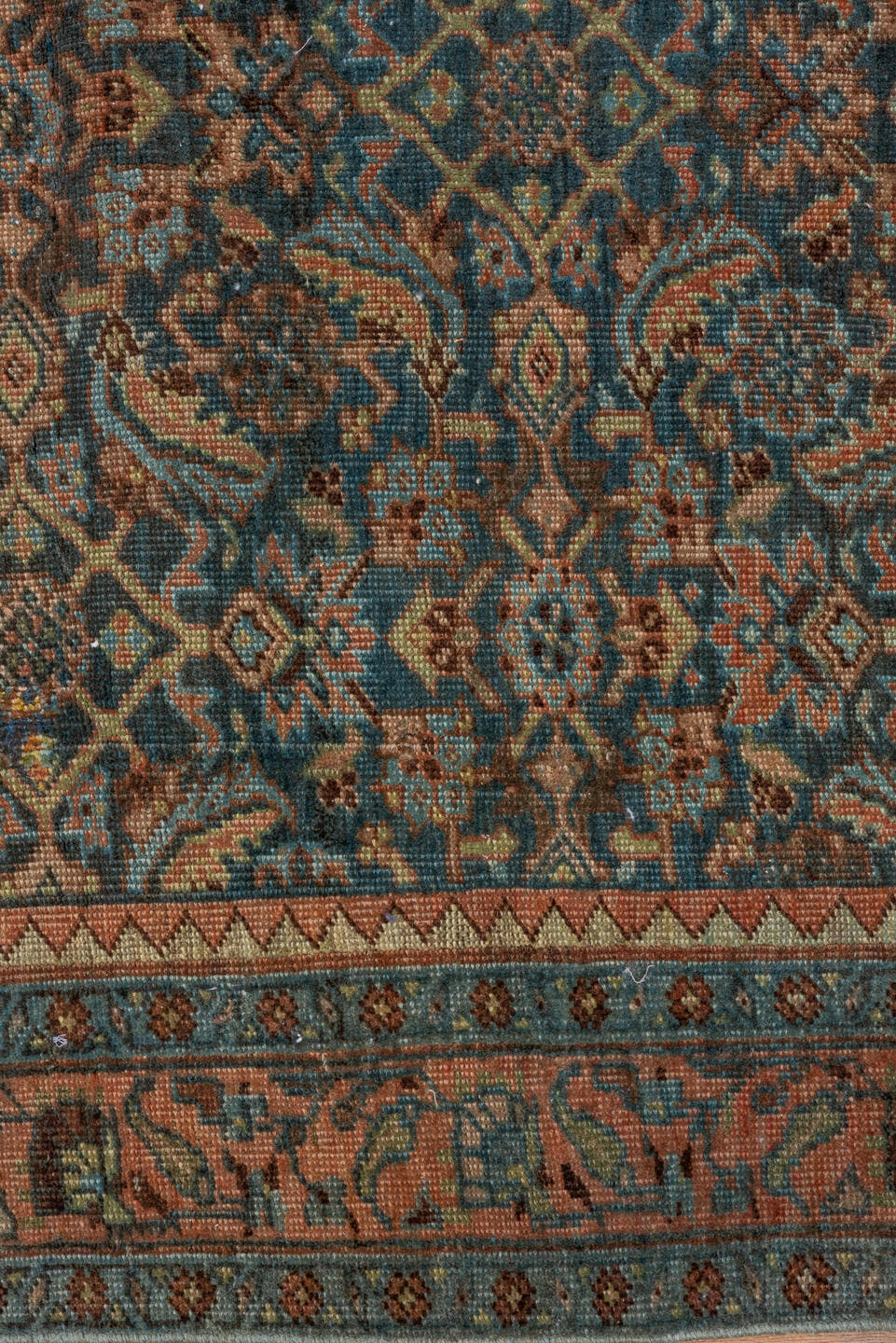 4' x 6' one-of-a-kind handmade vintage Bidjar small size rug. Color palette: blue, rust, ivory, charcoal, taupe, sage, camel