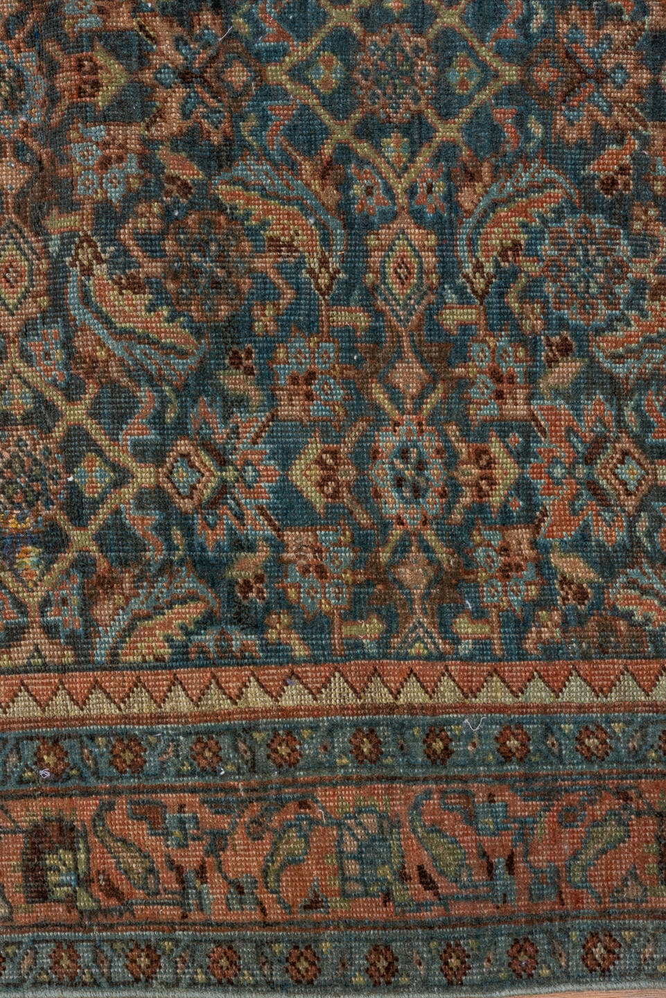 4' x 6' one-of-a-kind handmade vintage Bidjar small size rug. Color palette: blue, rust, ivory, charcoal, taupe, sage, camel