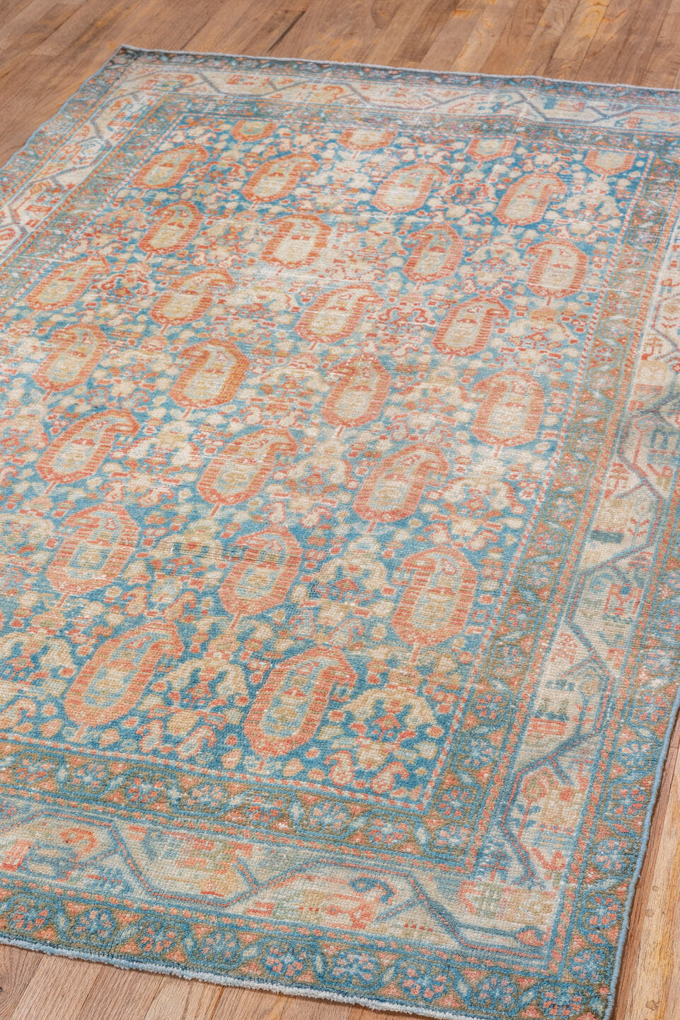 4' x 6' one-of-a-kind handmade vintage Malayer small size rug. Color palette: sky blue, ivory, coral, beige, tan, light blue