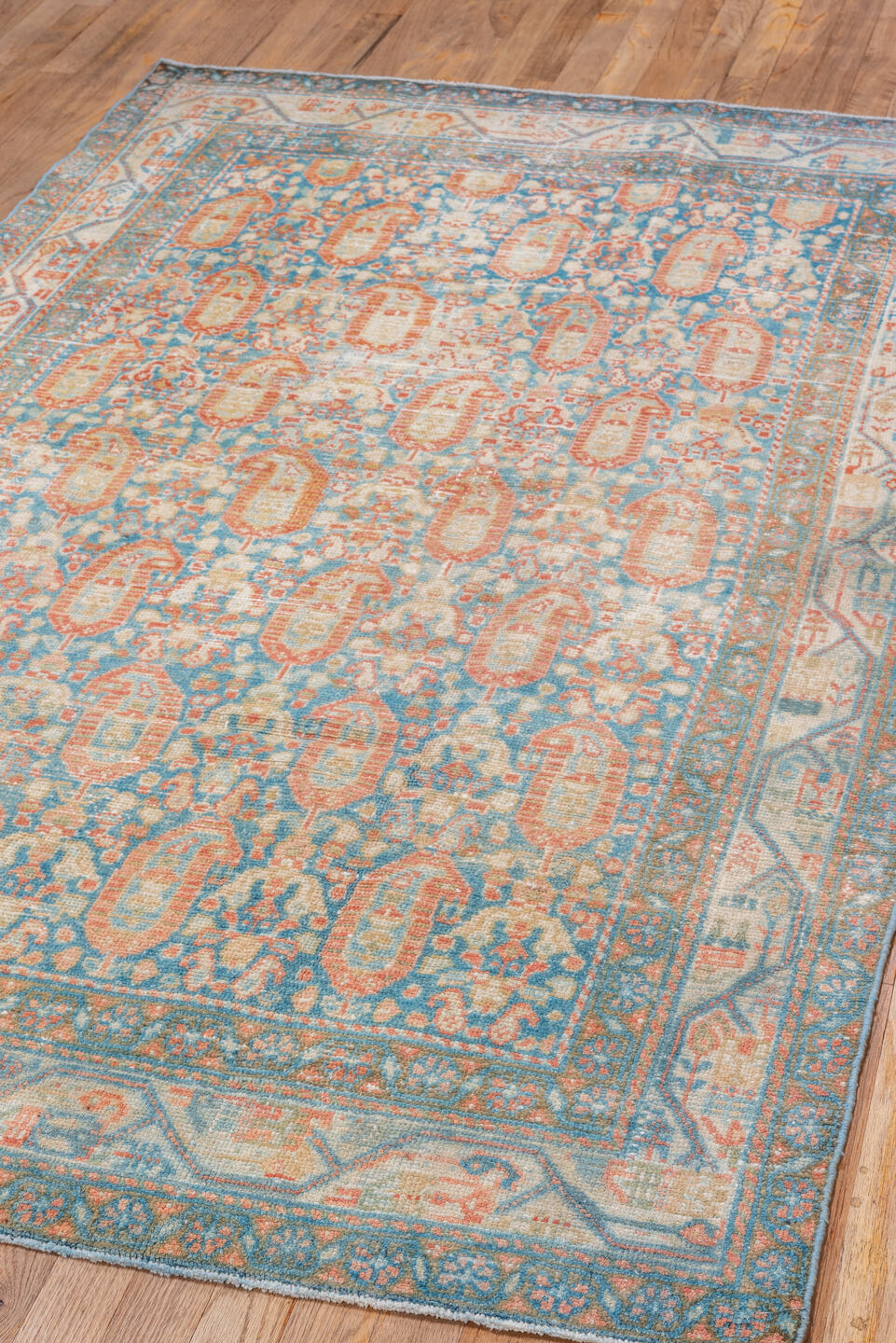 4' x 6' one-of-a-kind handmade vintage Malayer small size rug. Color palette: sky blue, ivory, coral, beige, tan, light blue
