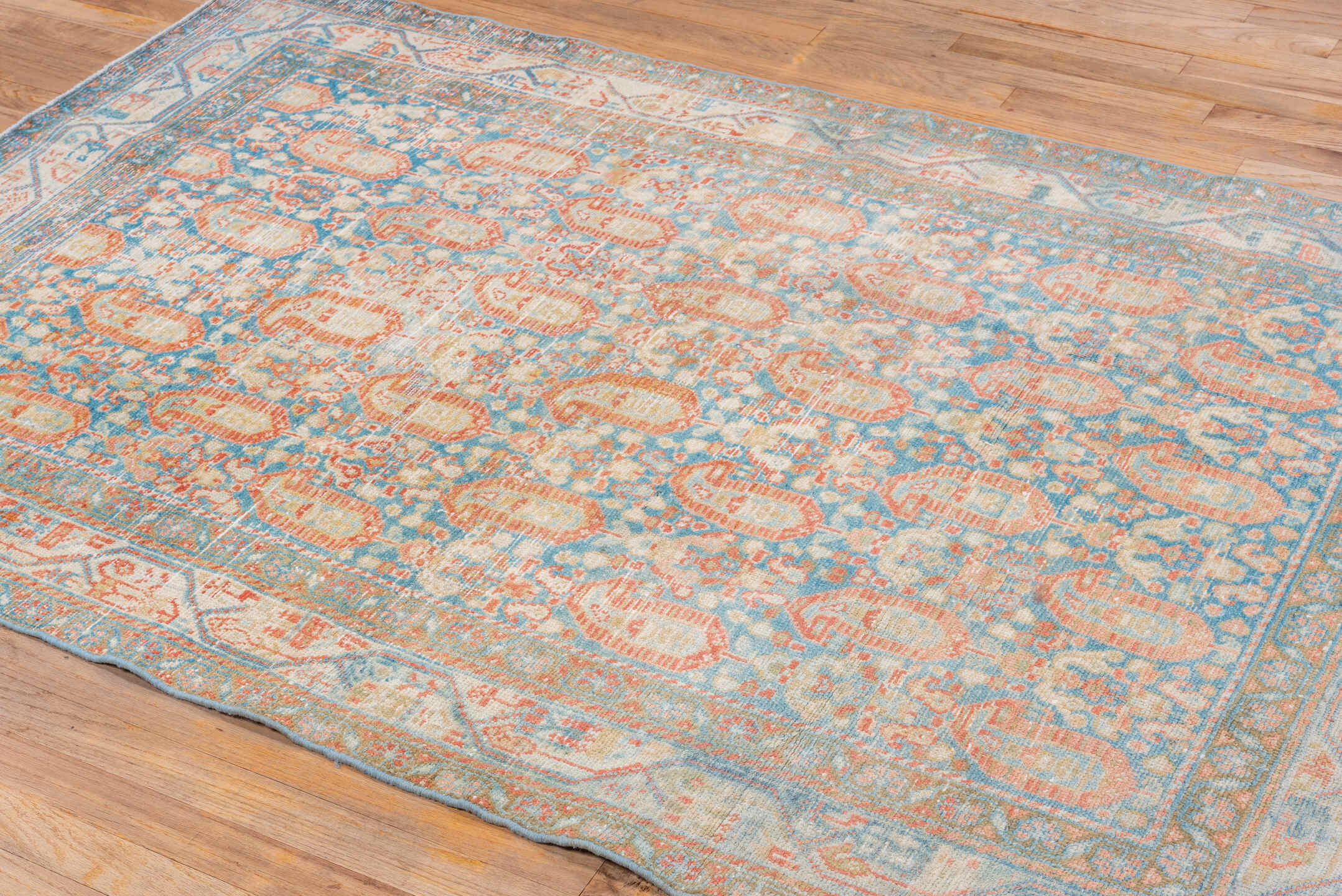 4' x 6' one-of-a-kind handmade vintage Malayer small size rug. Color palette: sky blue, ivory, coral, beige, tan, light blue