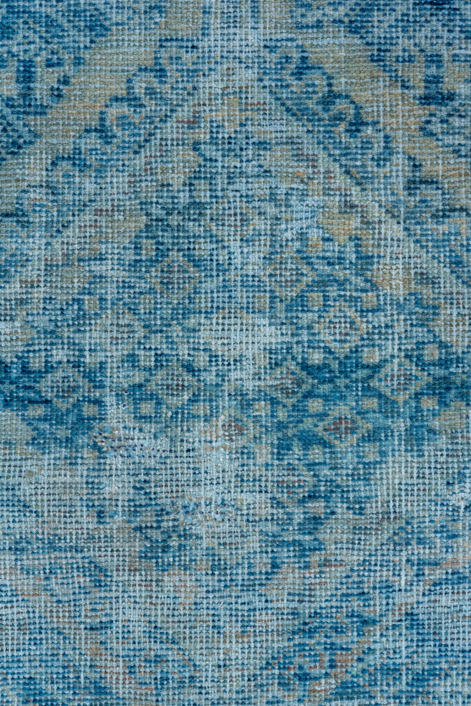 7' x 9' one-of-a-kind handmade vintage Veece rug. Color palette: aqua, sky blue, ivory, slate, taupe, rust, teal, light blue