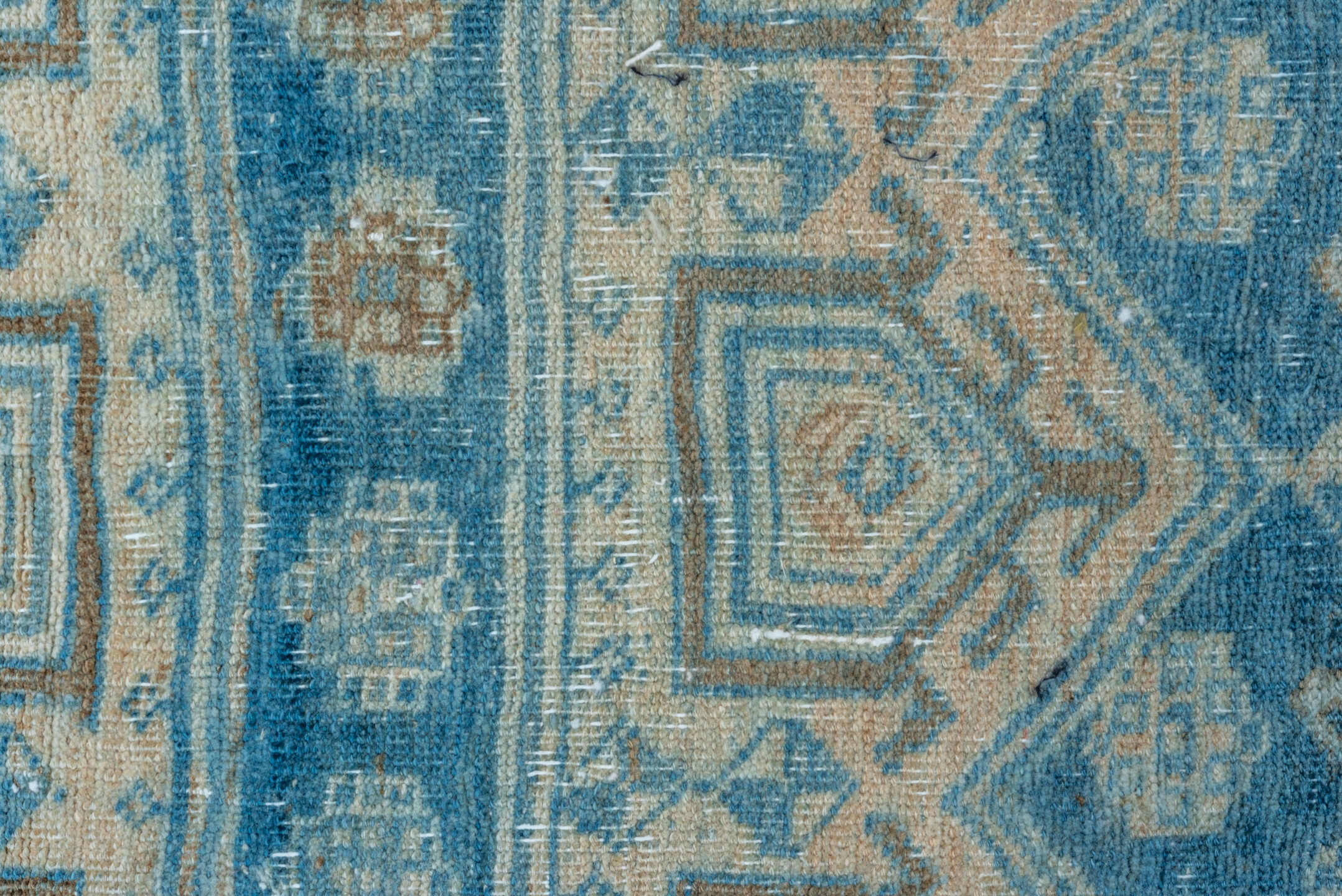 4' x 12' one-of-a-kind handmade vintage Bidjar runner rug. Color palette: blue, ivory, beige, camel, taupe, brown, gray