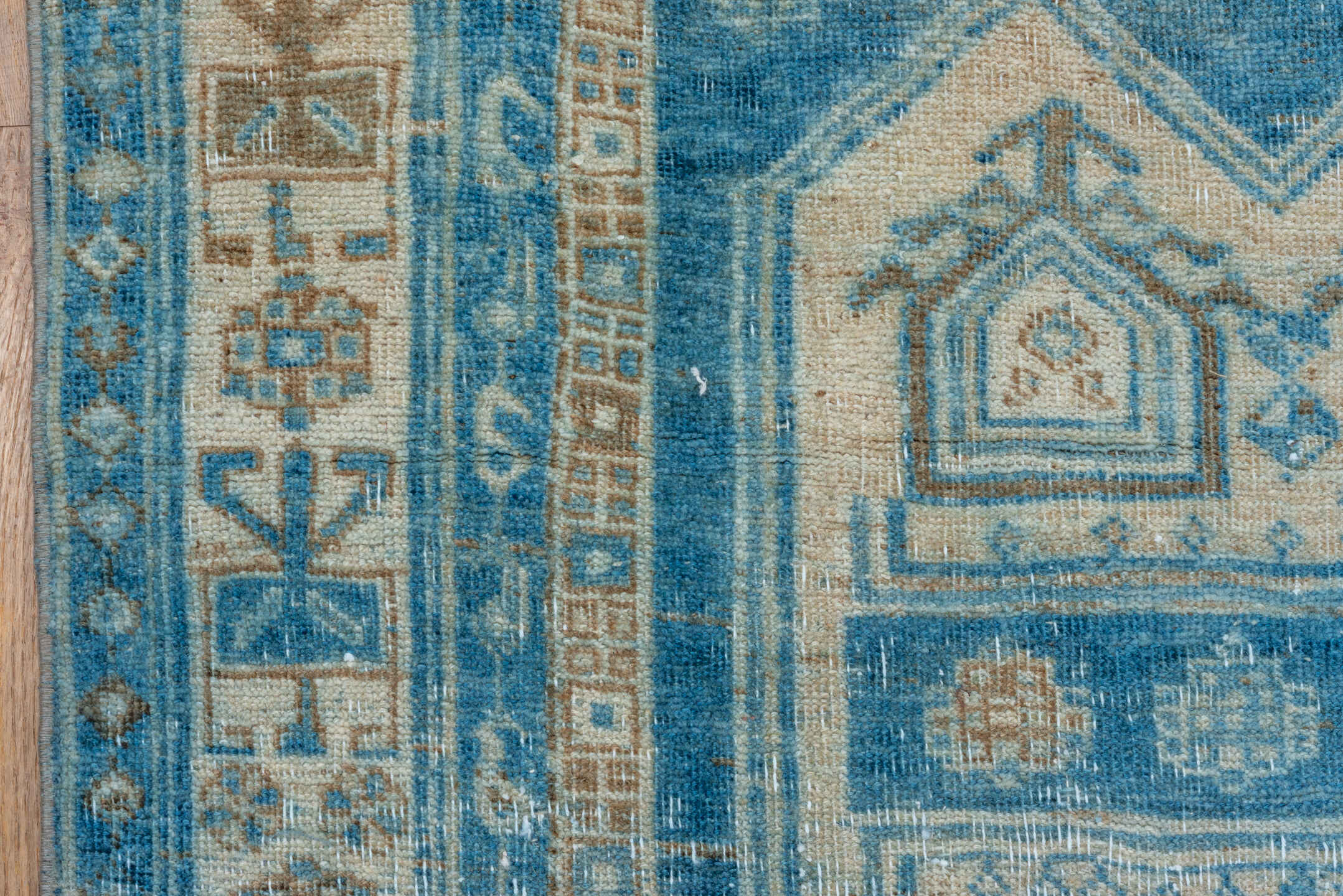 4' x 12' one-of-a-kind handmade vintage Bidjar runner rug. Color palette: blue, brown, gray, light blue, light gray