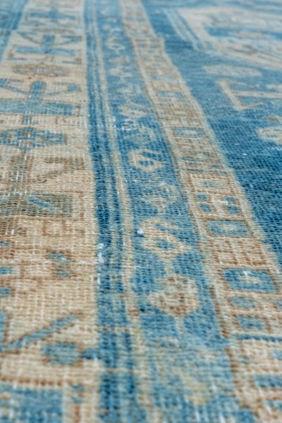 4' x 12' one-of-a-kind handmade vintage Bidjar runner rug. Color palette: blue, ivory, beige, camel, taupe, brown, gray