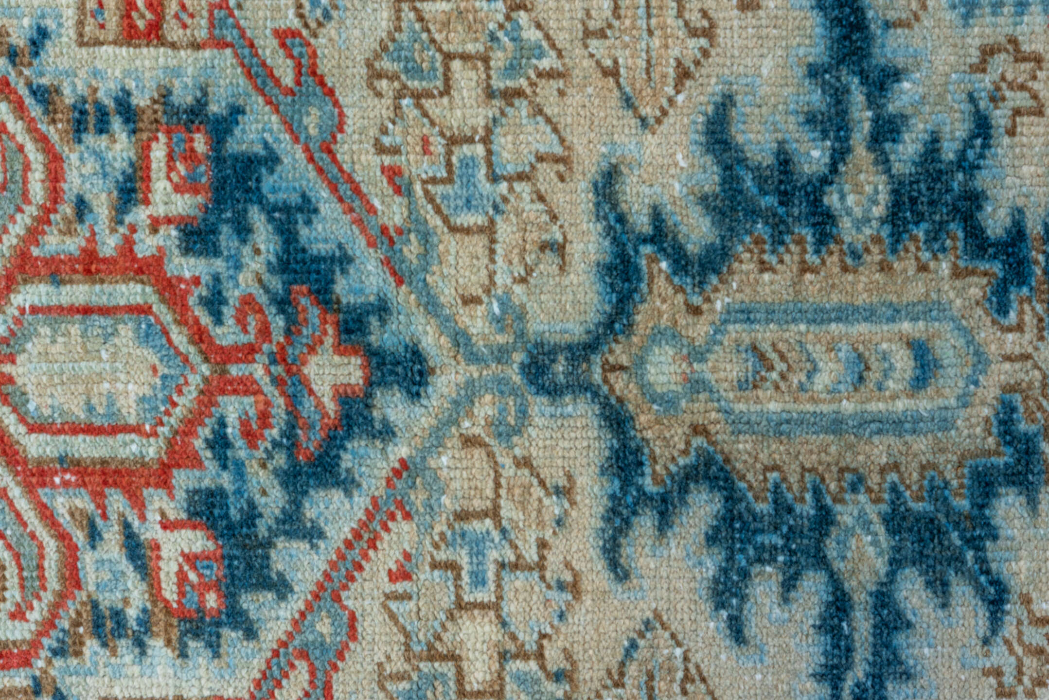 6' x 9' one-of-a-kind handmade vintage Heriz medium size rug. Color palette: ivory, sky blue, navy, rust, beige, camel