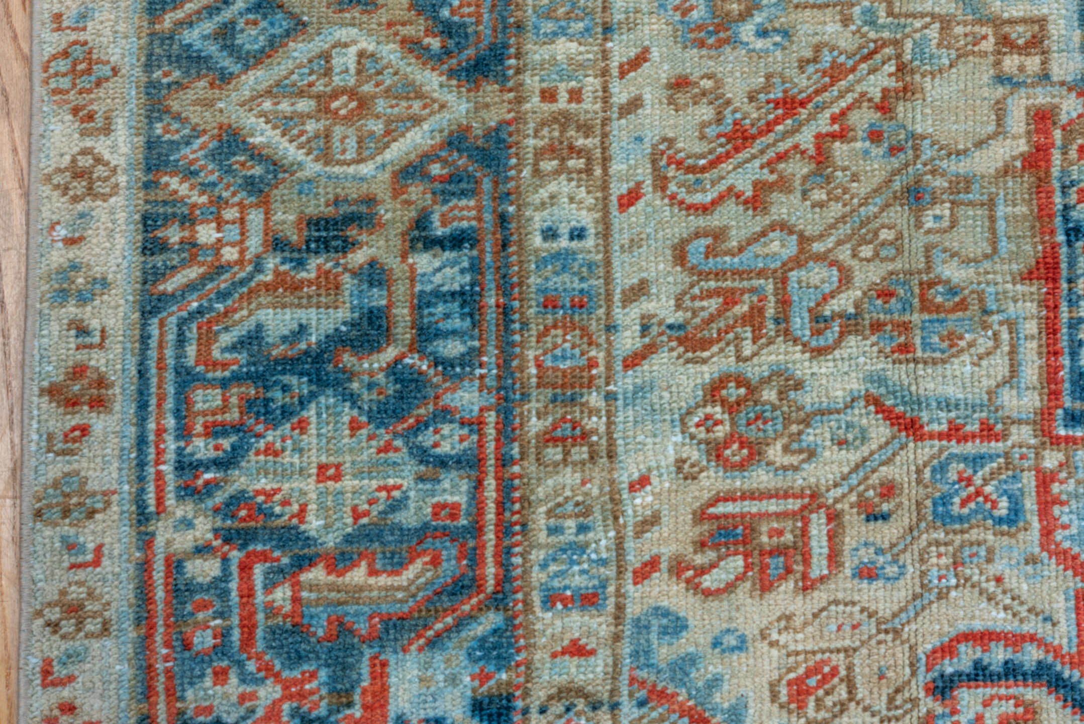 6' x 9' one-of-a-kind handmade vintage Heriz medium size rug. Color palette: ivory, sky blue, navy, rust, beige, camel