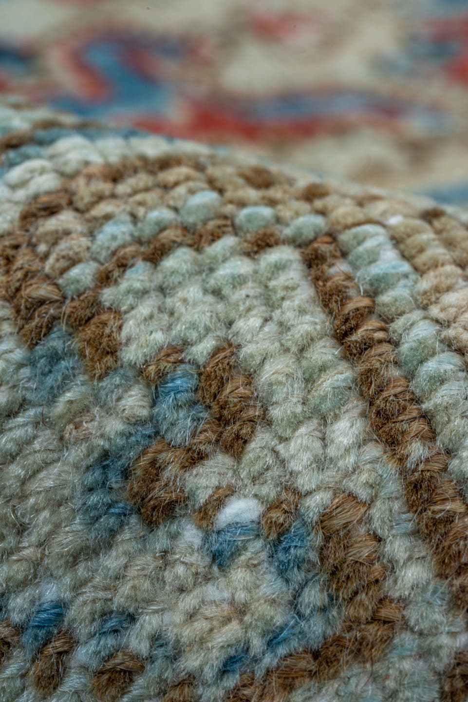 6' x 9' one-of-a-kind handmade vintage Heriz medium size rug. Color palette: ivory, sky blue, navy, rust, beige, camel