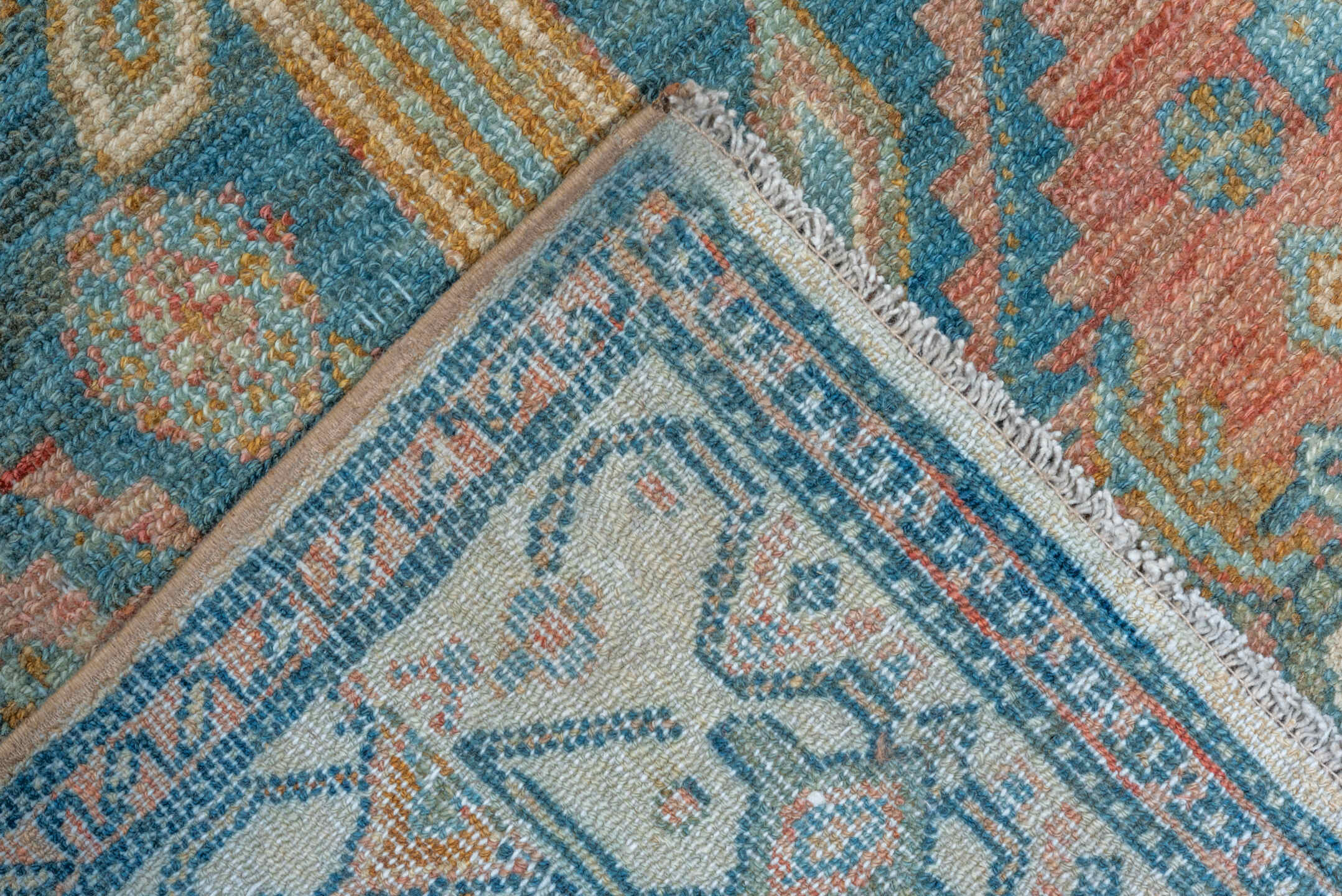 3' x 14' one-of-a-kind handmade vintage Malayer runner rug. Color palette: sky blue, ivory, rust, navy, camel, taupe, teal