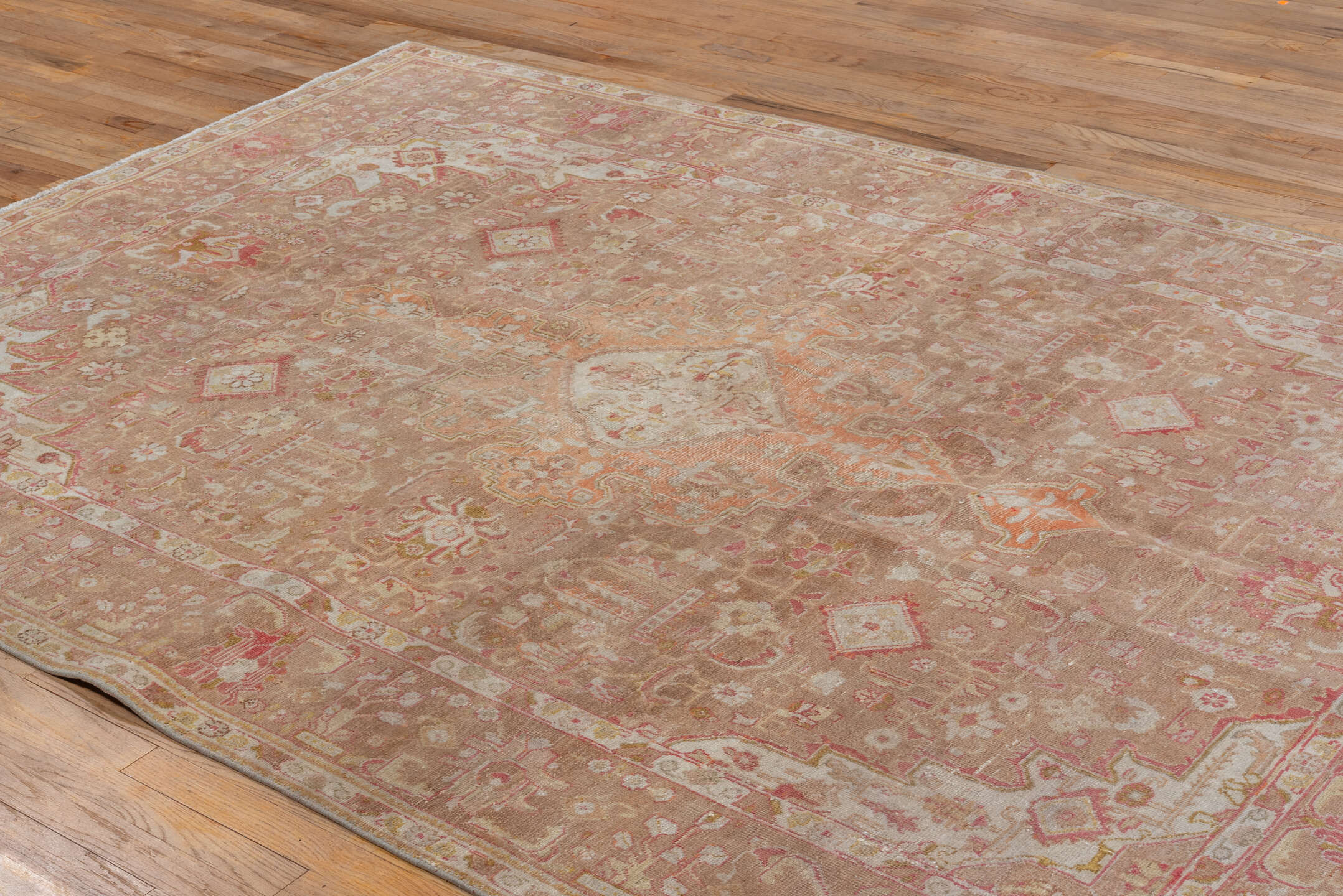 6' x 9' one-of-a-kind handmade vintage Tabriz medium size rug. Color palette: taupe, blush, ivory, rose, camel, peach