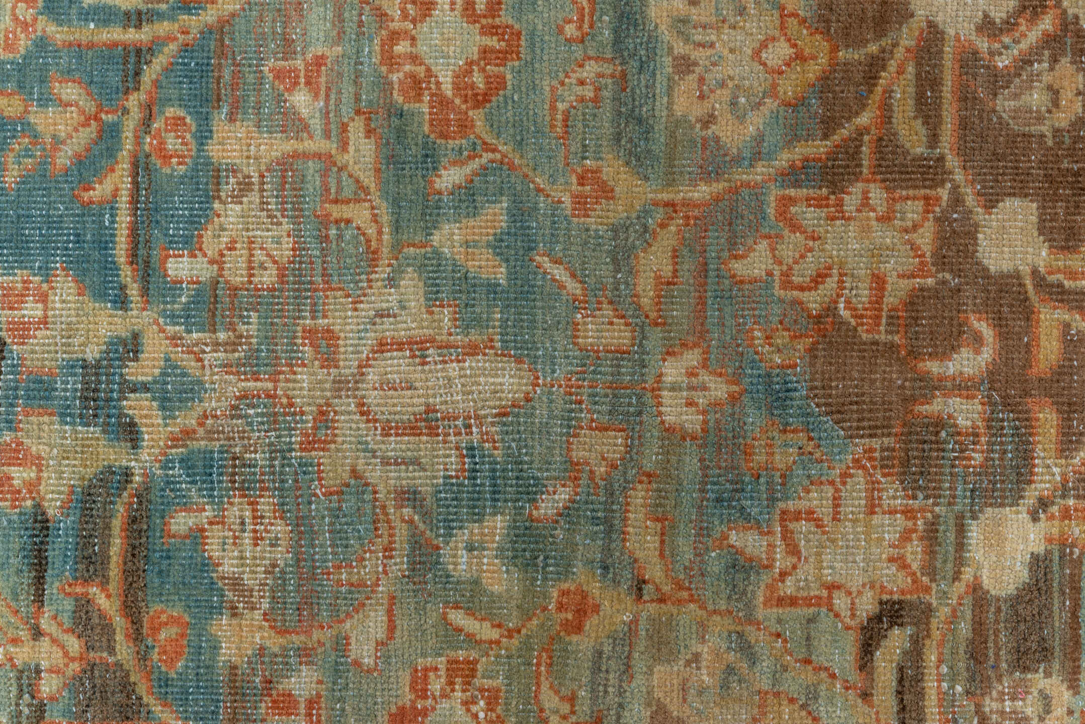 4' x 8' one-of-a-kind handmade vintage Mahal rug. Color palette: brown, gray, light gray, off-white, tan