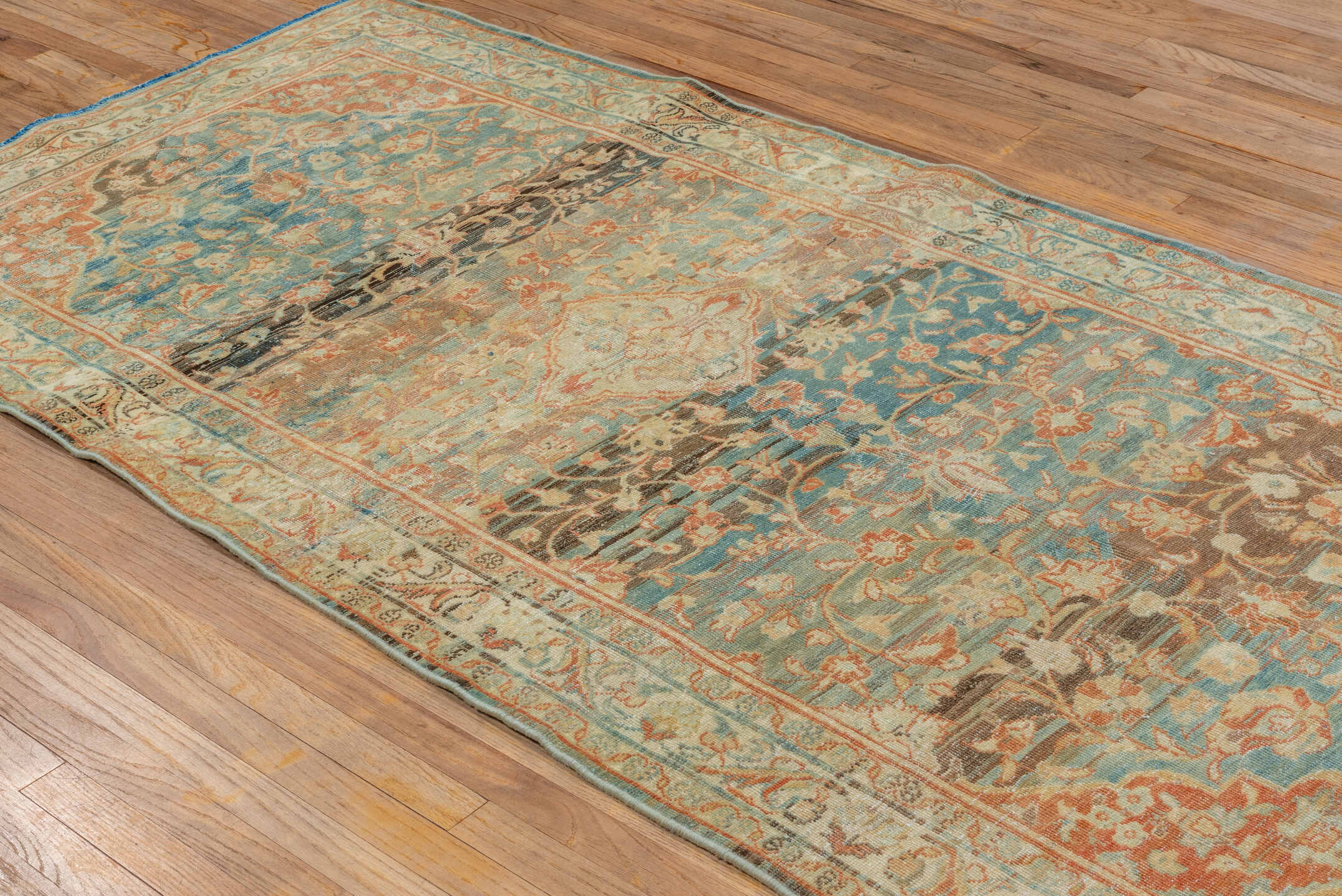 4' x 8' one-of-a-kind handmade vintage Mahal rug. Color palette: sky blue, ivory, coral, taupe, brown, beige, light blue