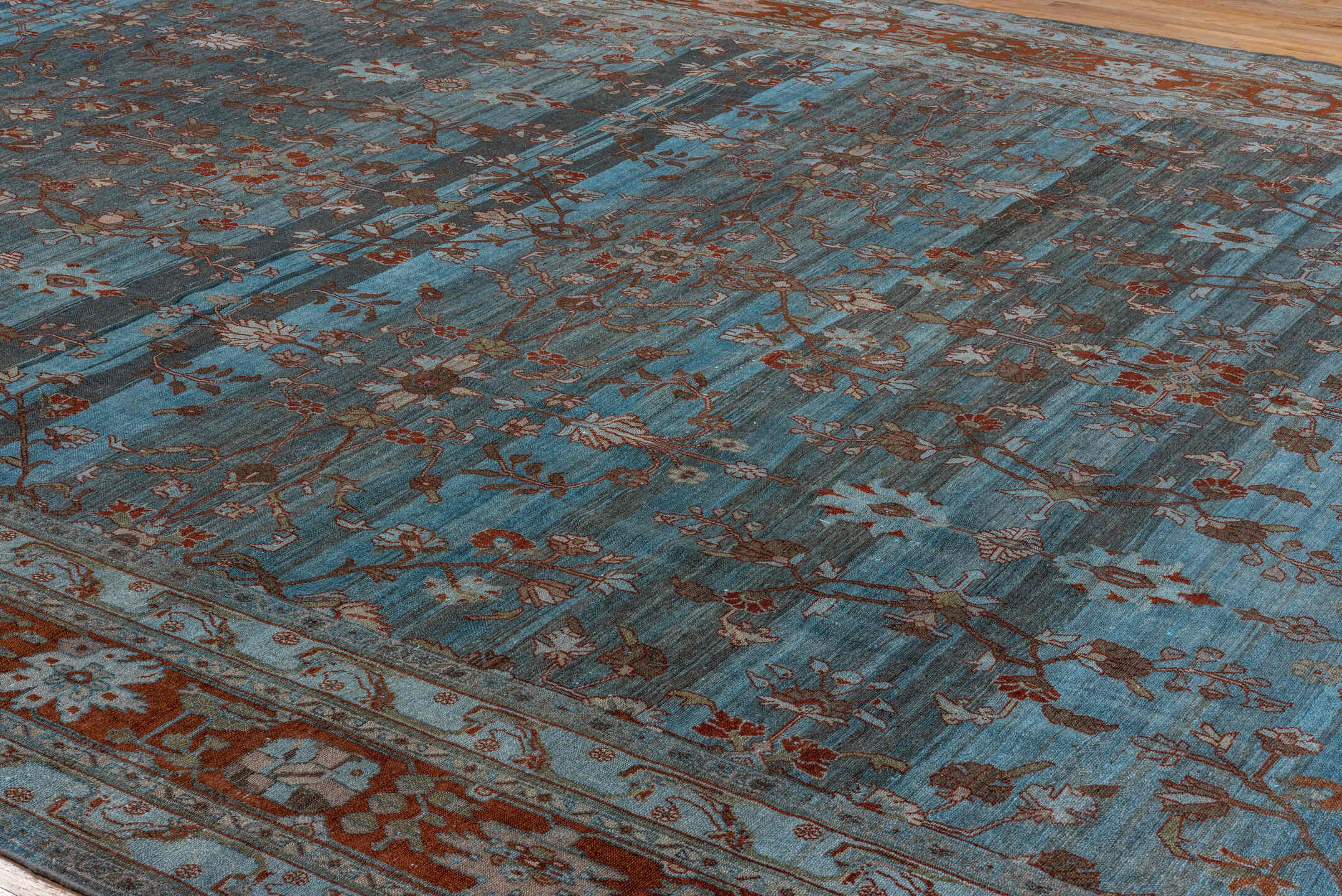 12' x 20' one-of-a-kind handmade vintage Malayer oversize rug. Color palette: blue, rust, ivory, taupe, brown, charcoal