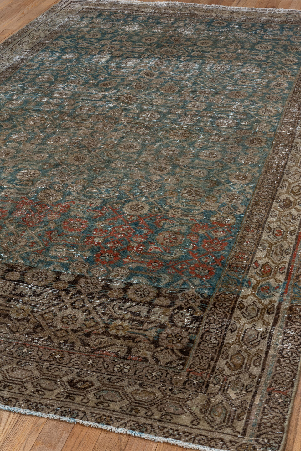 5' x 9' one-of-a-kind handmade vintage Malayer medium size rug. Color palette: taupe, teal, brown, ivory, charcoal, rust