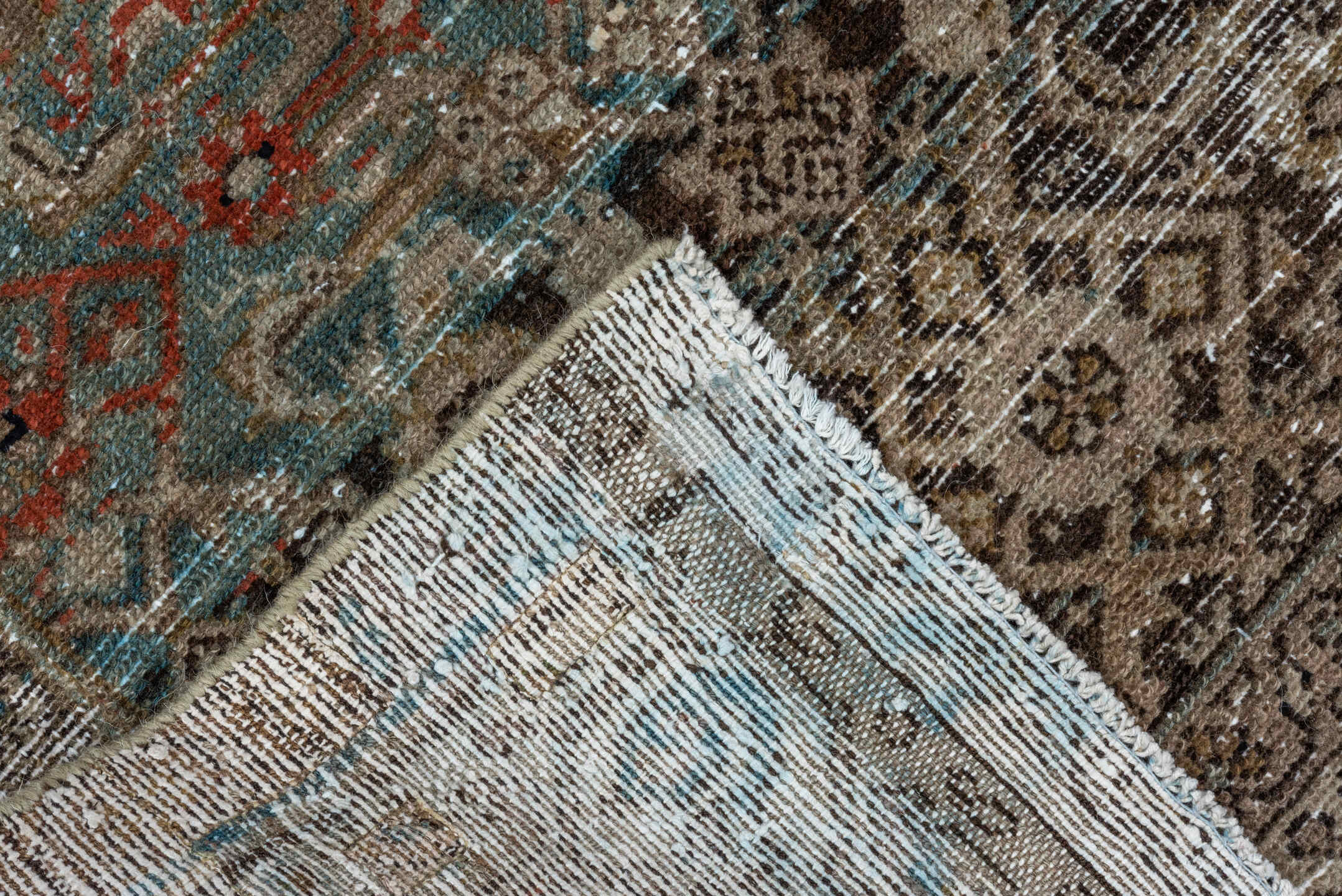 5' x 9' one-of-a-kind handmade vintage Malayer medium size rug. Color palette: taupe, teal, brown, ivory, charcoal, rust
