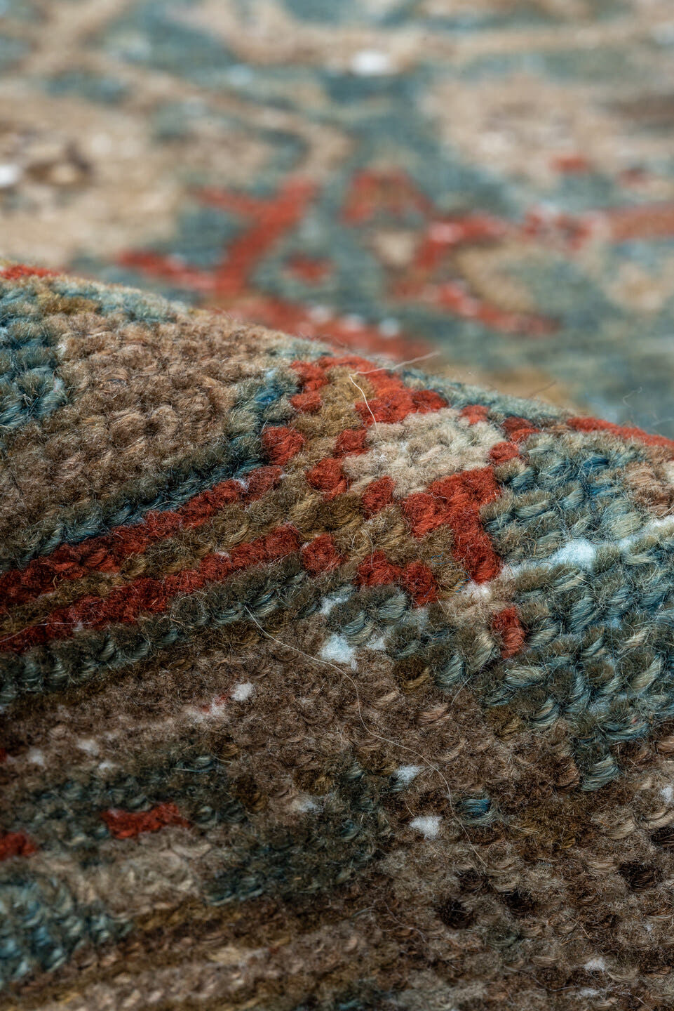 5' x 9' one-of-a-kind handmade vintage Malayer medium size rug. Color palette: taupe, teal, brown, ivory, charcoal, rust