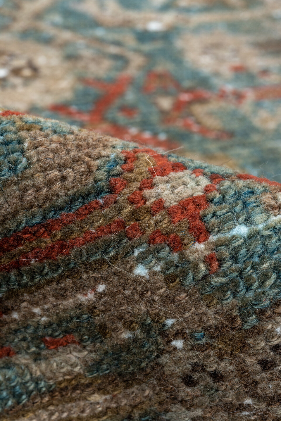 5' x 9' one-of-a-kind handmade vintage Malayer medium size rug. Color palette: taupe, teal, brown, ivory, charcoal, rust