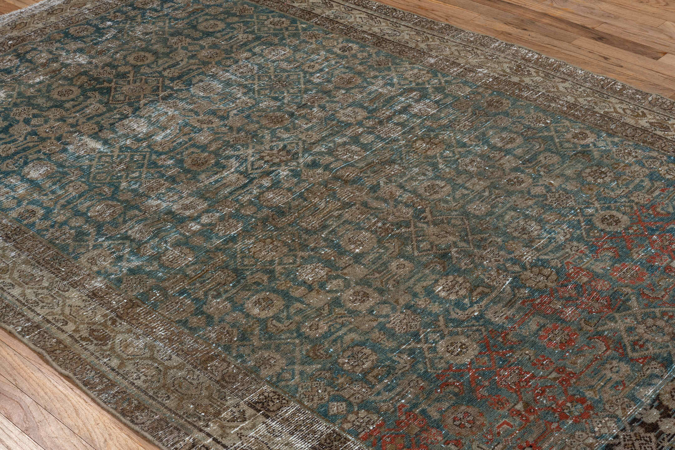 5' x 9' one-of-a-kind handmade vintage Malayer medium size rug. Color palette: taupe, teal, brown, ivory, charcoal, rust