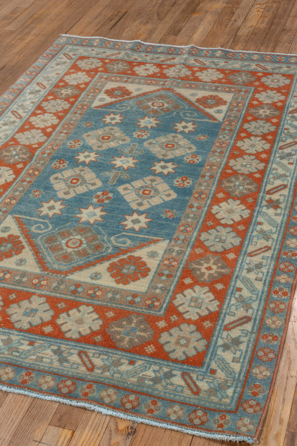 3' x 5' one-of-a-kind handmade vintage Shirvan small size rug. Color palette: sky blue, rust, ivory, light blue, taupe