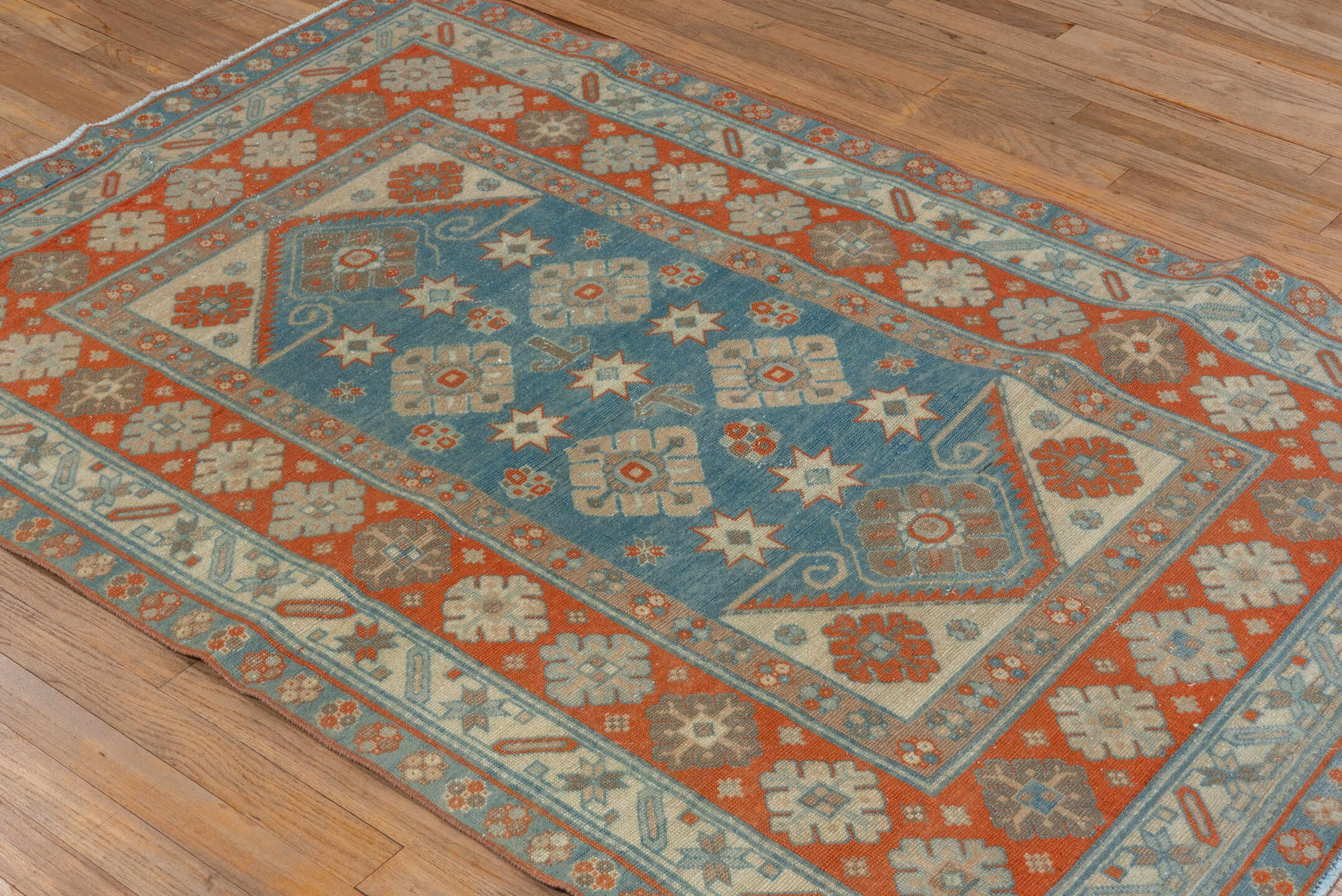 3' x 5' one-of-a-kind handmade vintage Shirvan small size rug. Color palette: sky blue, rust, ivory, light blue, taupe