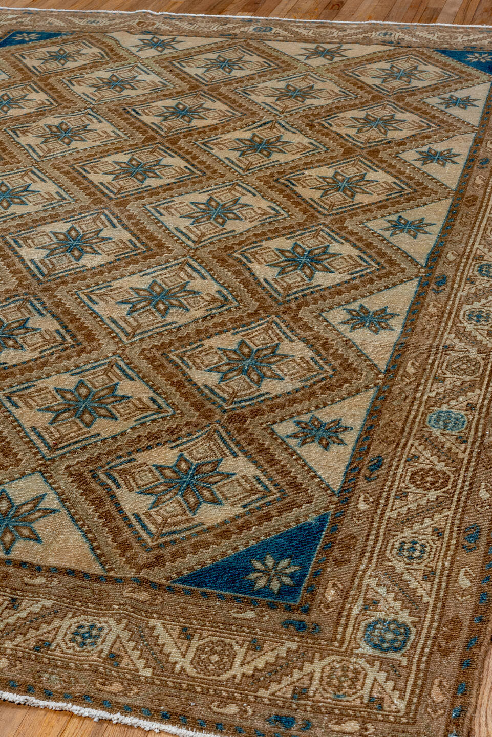 7' x 9' one-of-a-kind handmade vintage Malayer rug. Color palette: ivory, taupe, brown, sky blue, camel, slate, beige, gray