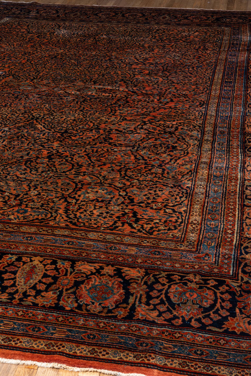 10' x 13' one-of-a-kind handmade vintage Sarouk large size rug. Color palette: rust, navy, charcoal, terra cotta, slate