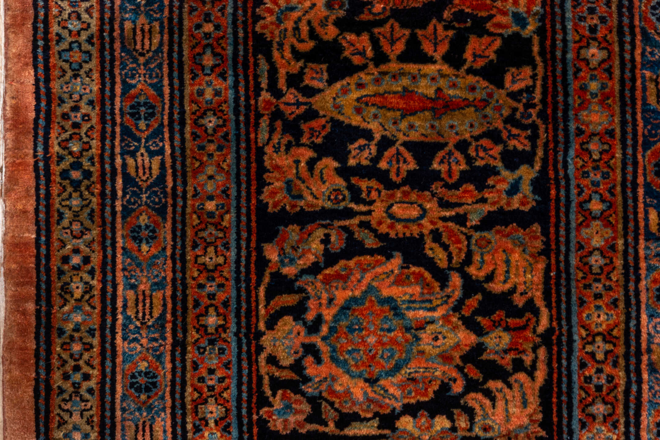 10' x 13' one-of-a-kind handmade vintage Sarouk large size rug. Color palette: rust, navy, charcoal, terra cotta, slate