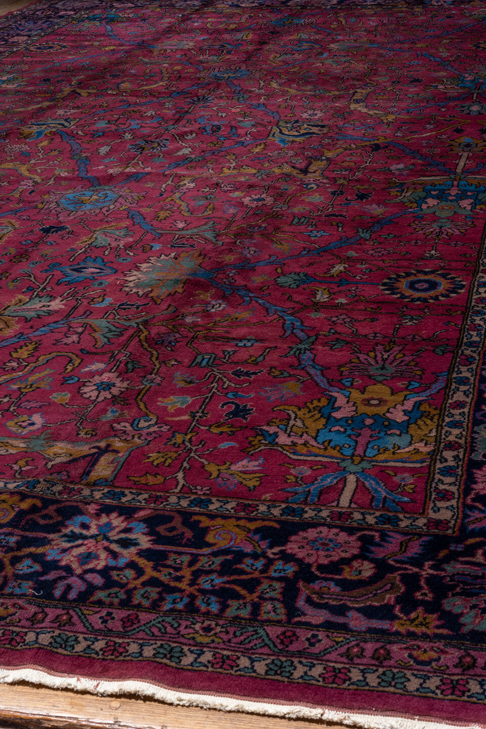 11' x 20' one-of-a-kind handmade vintage Agra oversize rug. Color palette: raspberry, navy, sky blue, rose, gold, burgundy